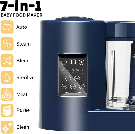 ErgoDamy CuddleeBaby baby food blender, all-in-one food maker with blending blades and control panel for preparing baby meals.