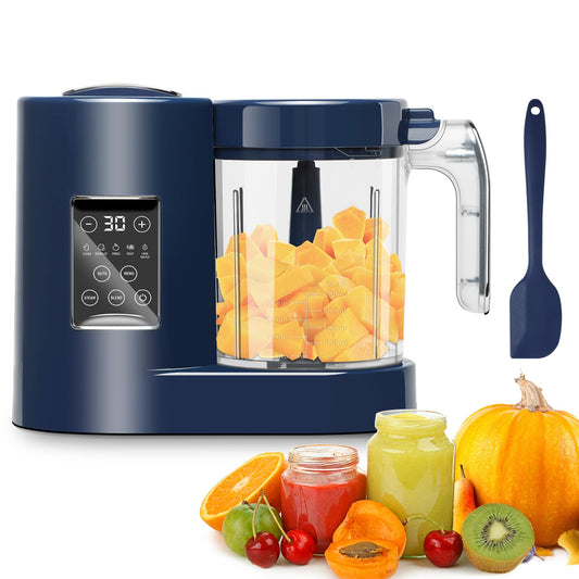 ErgoDamy CuddleeBaby baby food blender, all-in-one food maker with blending blades and control panel for preparing baby meals.