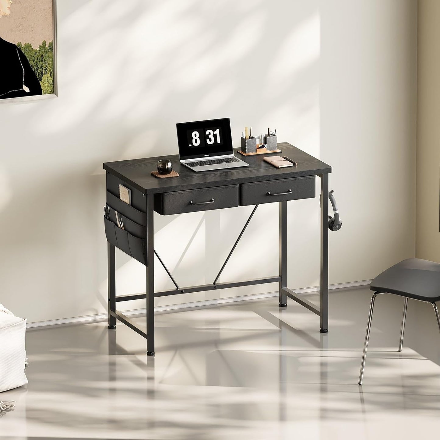 Compact Nano 31.5-inch desk with built-in storage from ErgoDamy, featuring a sleek design and organized workspace surface.