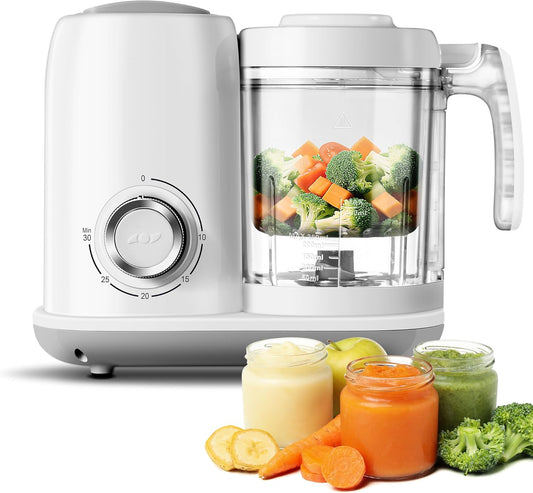 ErgoDamy 4-in-1 Baby Food Maker showing blending, steaming, and storage functions in a modern kitchen setting