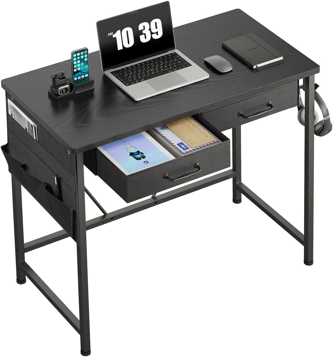 Compact Nano 31.5-inch desk with built-in storage from ErgoDamy, featuring a sleek surface and organized compartments.