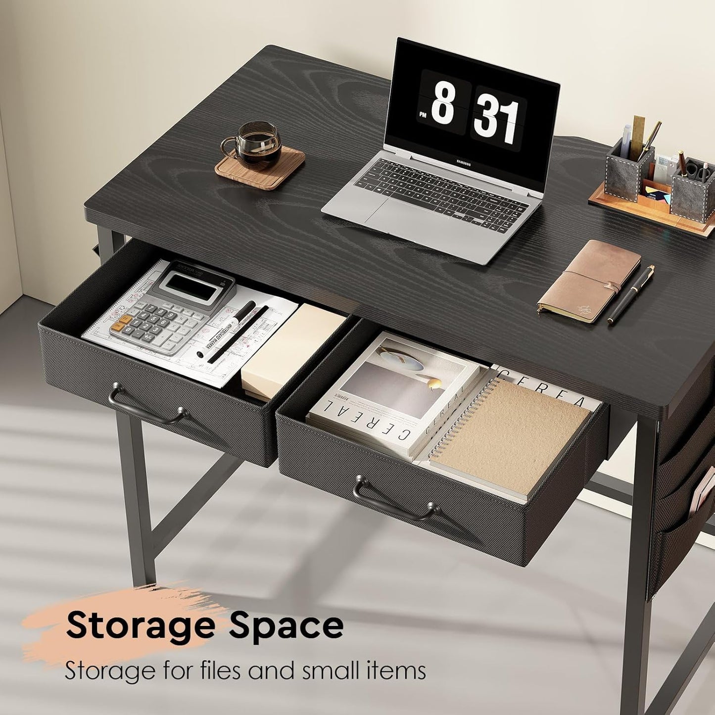 Compact ErgoDamy Nano 31.5-inch desk with built-in storage, featuring a sleek wooden surface and modern design for home or office use.