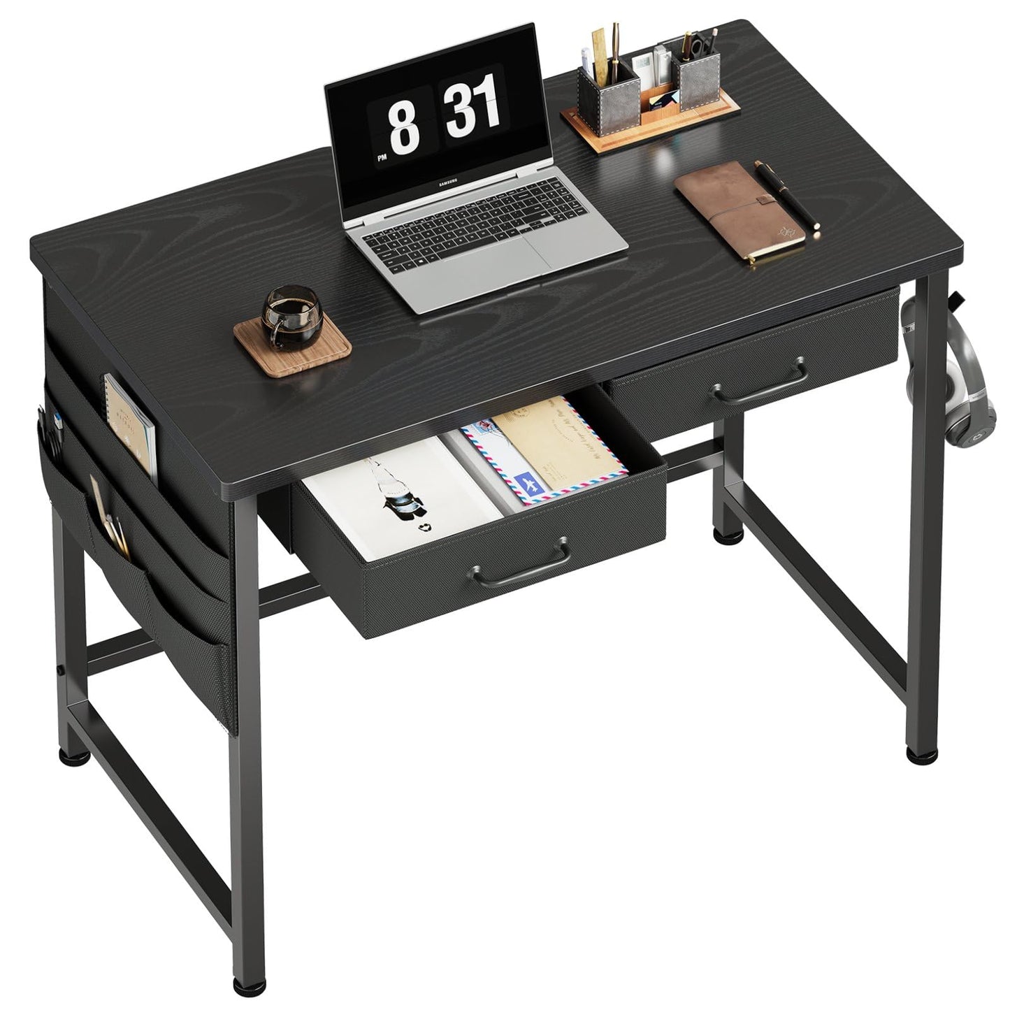 ErgoDamy Nano 31.5-inch compact desk with built-in storage, featuring a sleek wooden surface and modern design for home or office use.